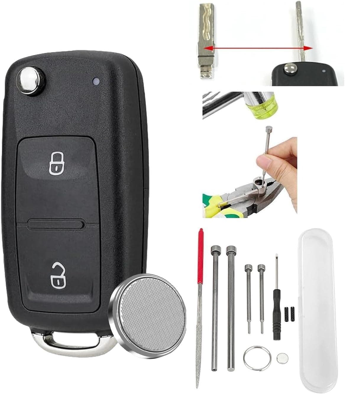 2-Buttons Car Key Fob for VW Volkswagen Fits For Amarok,Transporter T4 T5 T6,Polo,Golf,Bora-CR2032 Battery & Pin Removal Tool Included
