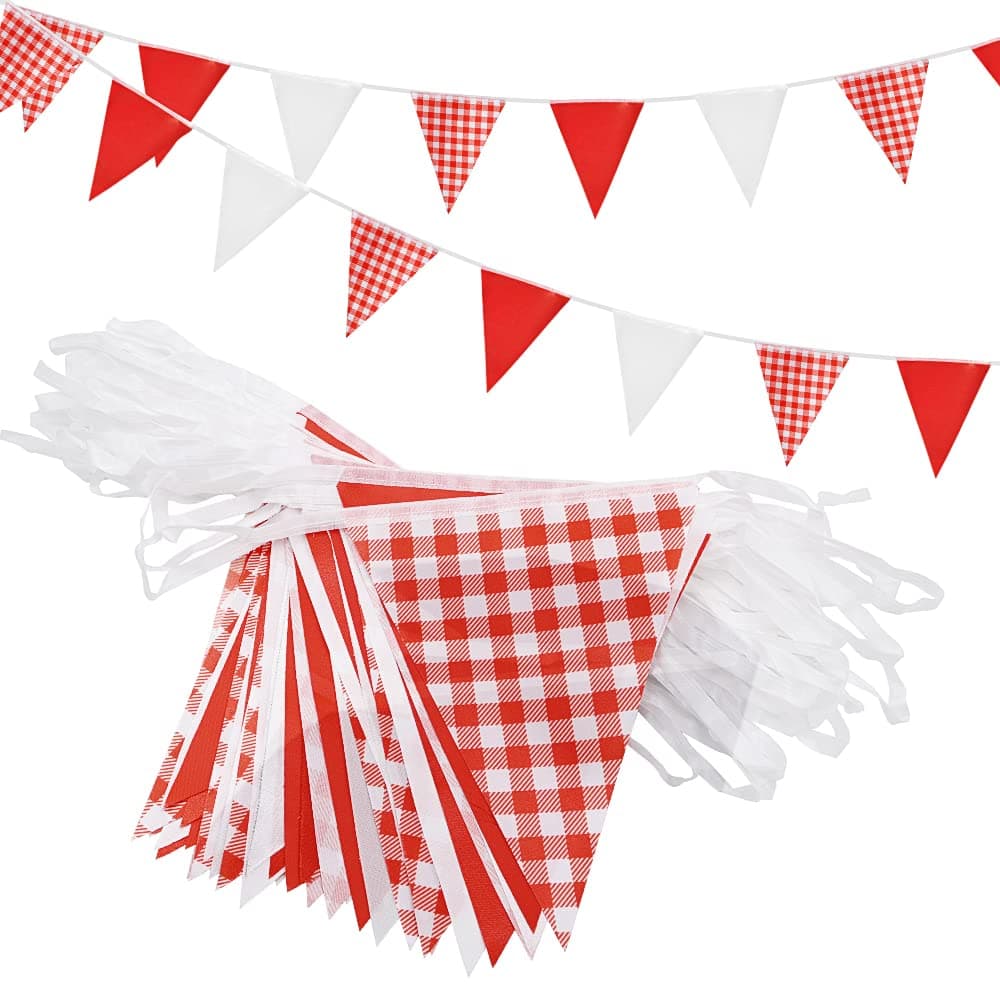 20m red white plaid pennant bunting