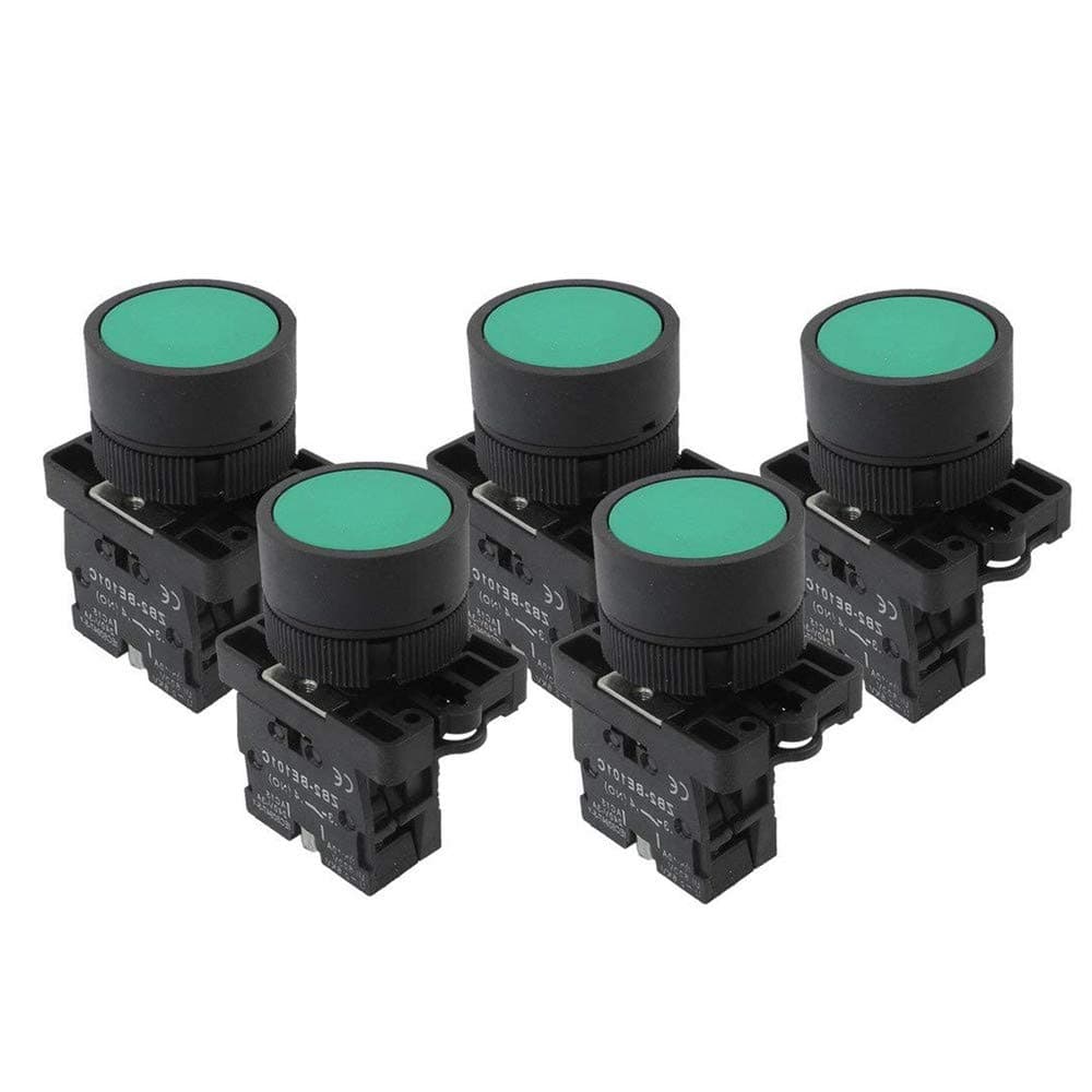 Momentary On Off Reset Push Button Switch 1 NO N/O Green Mark Instant Button Switch, 600V, 10 Amps, ZB2-EA31, 5 x 22 mm 5PCS