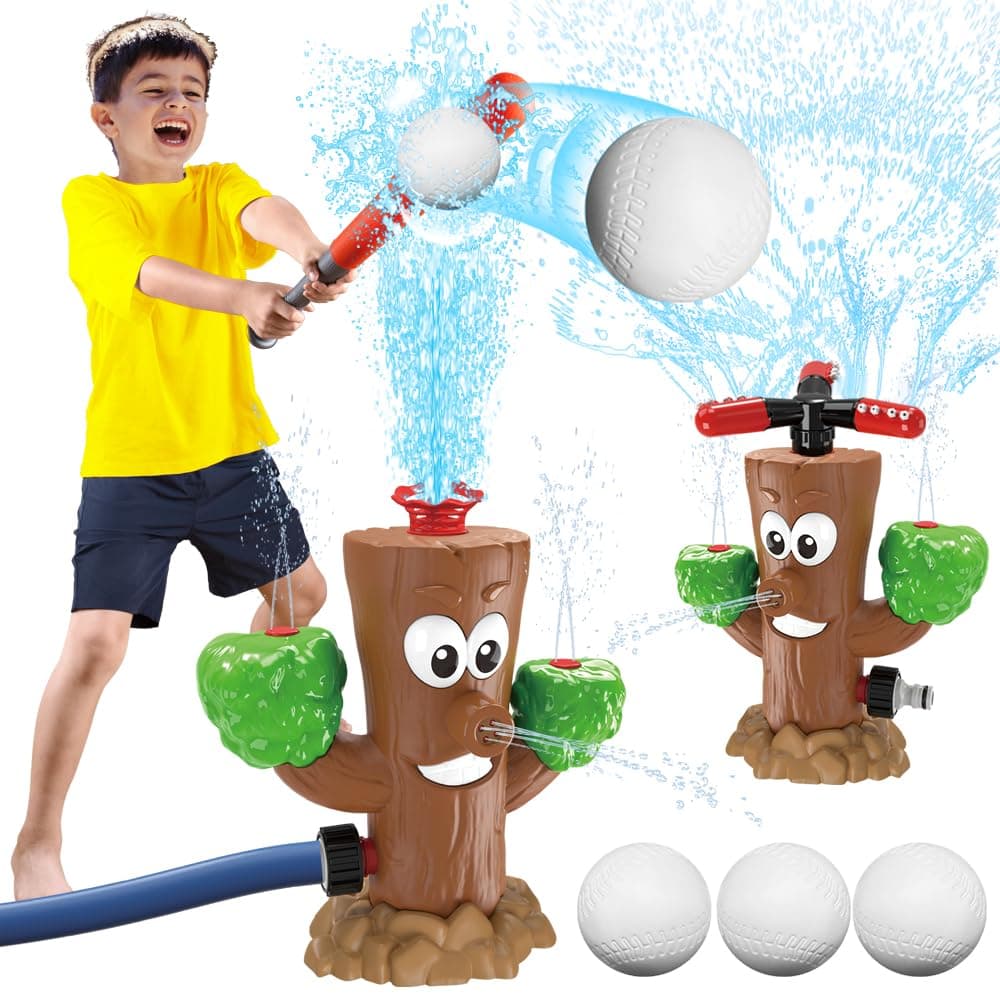 2 in 1 Water Sprinkler Baseball Toy Set, Backyard Spinning Water Spray Toy, Summer Outdoor Sprinkler Toys T Ball Game Lawn Backyard Game for Kids (Tree)