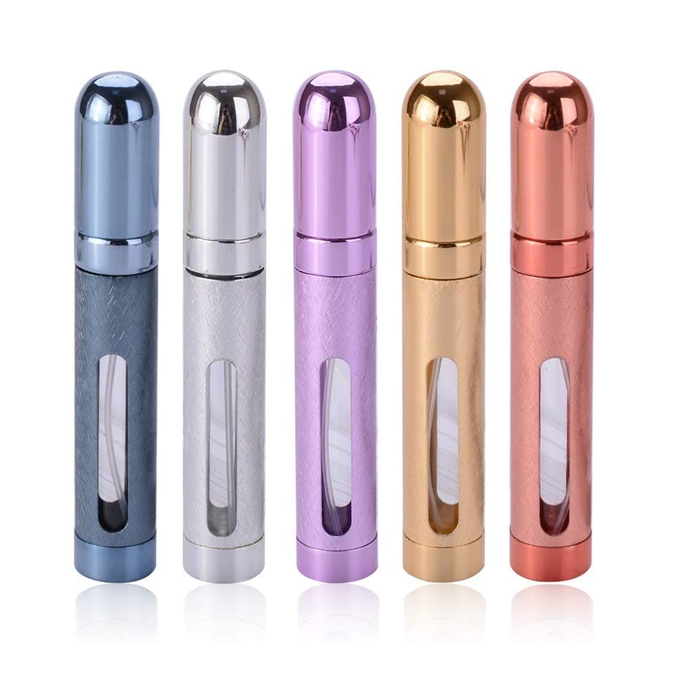 12ml Perfume Bottles (5pcs,Travel Refillable Perfume Atomizer Spray Bottle, Fragrance Empty Bottle with Window, Fits in Your Purse, Pocket or Luggage (Silver，Blue，Red, Gold, Purple)