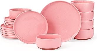 GZG Modern Art Series - 18 Pcs Speckled Stoneware Plates and Bowls Sets, Ceramic Dinnerware Set with Rustic Terracotta Underside, Microwave and Dishwasher Safe Handcrafted Dishes Set - Blush Pink
