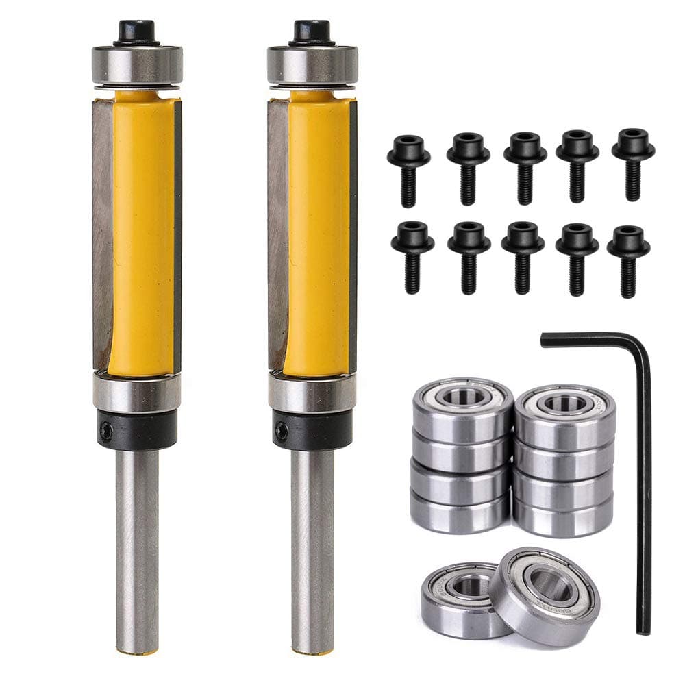 Yakamoz 2Pcs 1/4'' Shank Top and Bottom Bearing Guide Flush Trim Pattern Router Bit Set Woodworking Cutter Tool with 10 Pcs Top Mounted Replacement Bearings