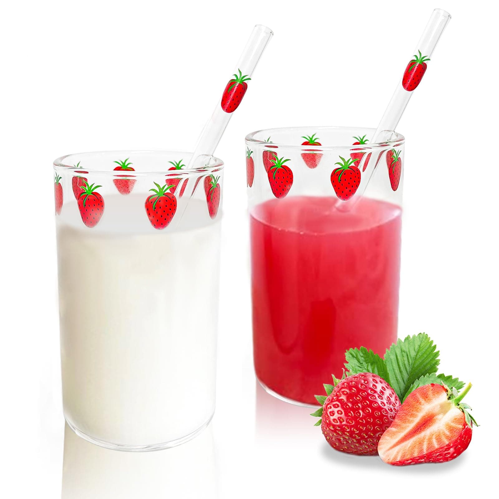 Strawberry Cups 2 Sets with Straws Cute Cups 300ML with Straw Cleaner Brush Cute Strawberry Pattern for Water Juice Milk Coffee Tea(2 Sets)