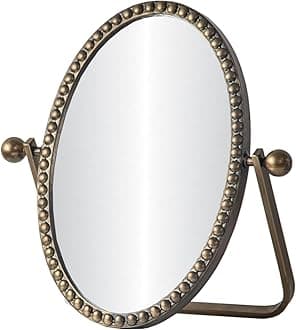 Vintage Vanity Table Mirror, Desk Makeup Mirror Metal Framed with Stand, Bronze Oval Retro Mirrors 360 Adjustable Rotation for Tabletop, Bedroom, Bathroom, Living Room, Antique 10.8'' x 7''
