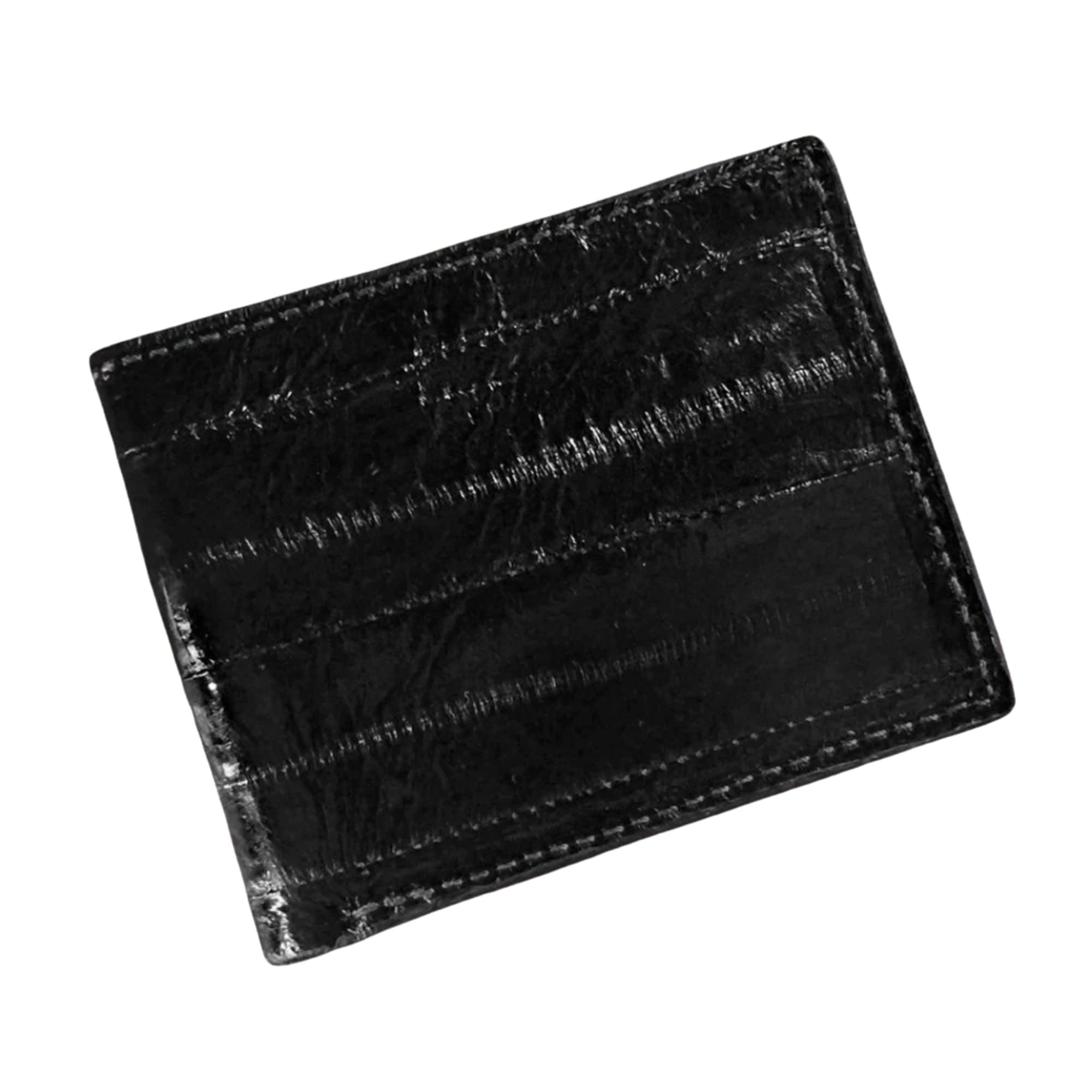 Genuine Pacific Eel Skin Leather Bifold Wallet for Men, High-Shine Finish, 6 Card Slots, Black