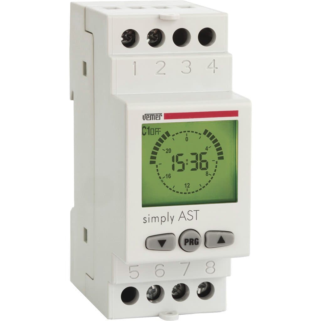 VEMER VE707600 Model Simply AST Astronomical Twilight Switch. DIN Rail mounting, 230Vac. Color Grey