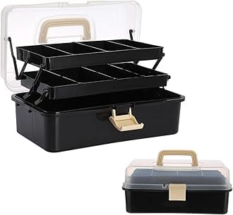 BTSKY 3-Layer Plastic Dividing Storage Box Craft Organizer with Adjustable Spacers Portable Handled Art Supply Organizer Multipurpose Home Utility Box for Sewing (Black+Beige)