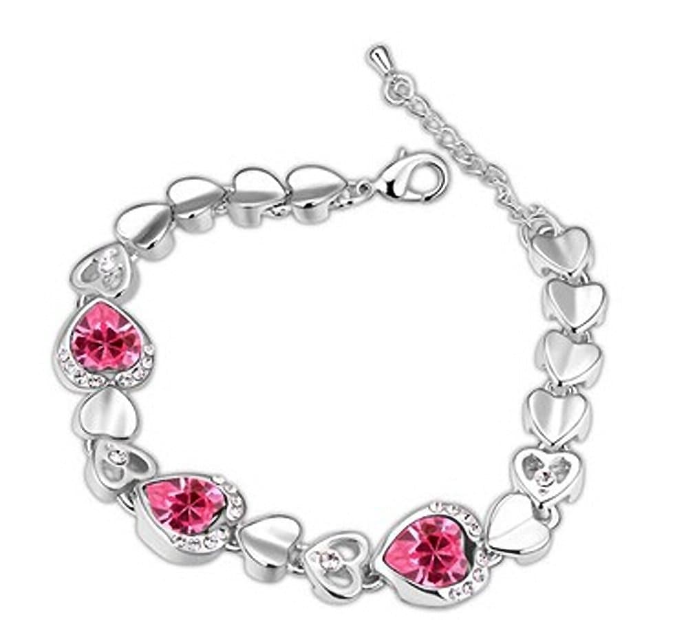 Rolove White Gold Plated Heart-shaped Pattern Chain Bracelet with 3 Charm Rose Red Crystal Rhinestones for Women Girls with Flexible Buckle[Adjustable]