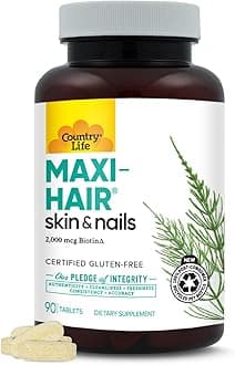 Country Life Maxi-Hair Supplement - 2000mcg Biotin & Vitamins for Hair, Skin & Nails - Certified Gluten-Free & Vegetarian - Supports Hair Growth, 90 Tablets
