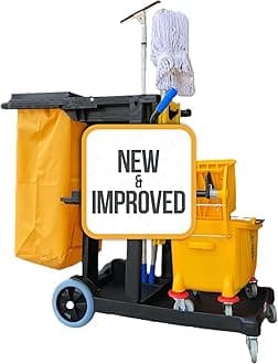 Simpli-Magic Commercial Cleaning Cart with Waste Bag & Lid, Janitorial Utility Cart with 3 Shelves, Mop & Broom Holders, 330 lb Capacity, Yellow/Grey