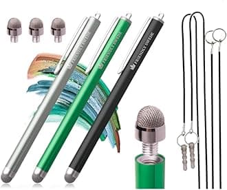The Friendly Swede Stylus Pen Replaceable Micro-Knit Mesh Tip - Capacitive Touchscreen Stylus Tablet Styli with Lanyards Screen Cleaning Cloth and Replacement Tips (3 Pack) (Silver + Black + Green)