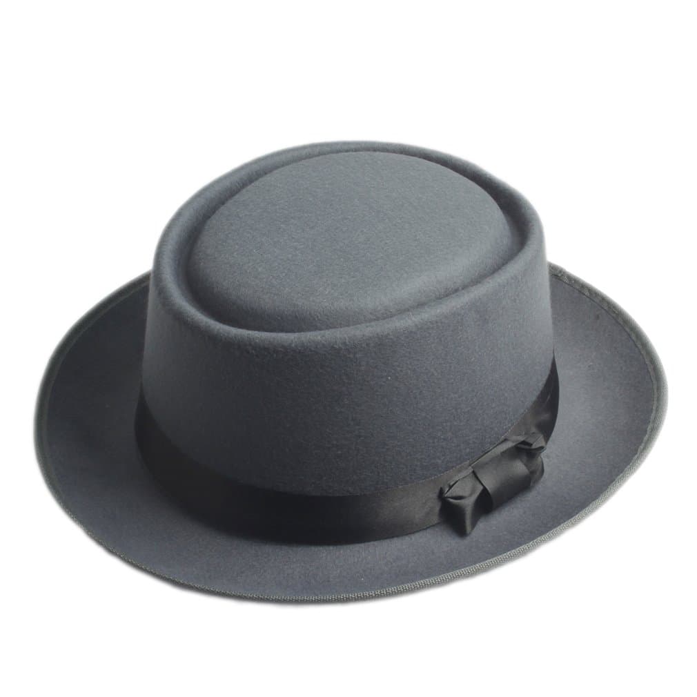 Vintage Hard Felt Wool Pork Pie Hat Flat Top Rocker Fedora Cap (Grey)