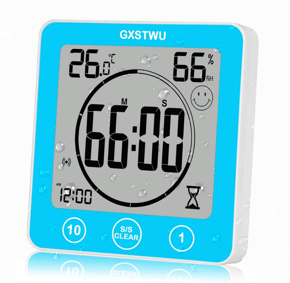 GXSTWU Digital Shower Clock, Bathroom Timer Clock, Waterproof for Water Spray, Count Up Count Down Alarm, Touch Screen Timer, Temperature Humidity, Wall Clock Magnet, Suction Cup, Hanging, Stand Blue