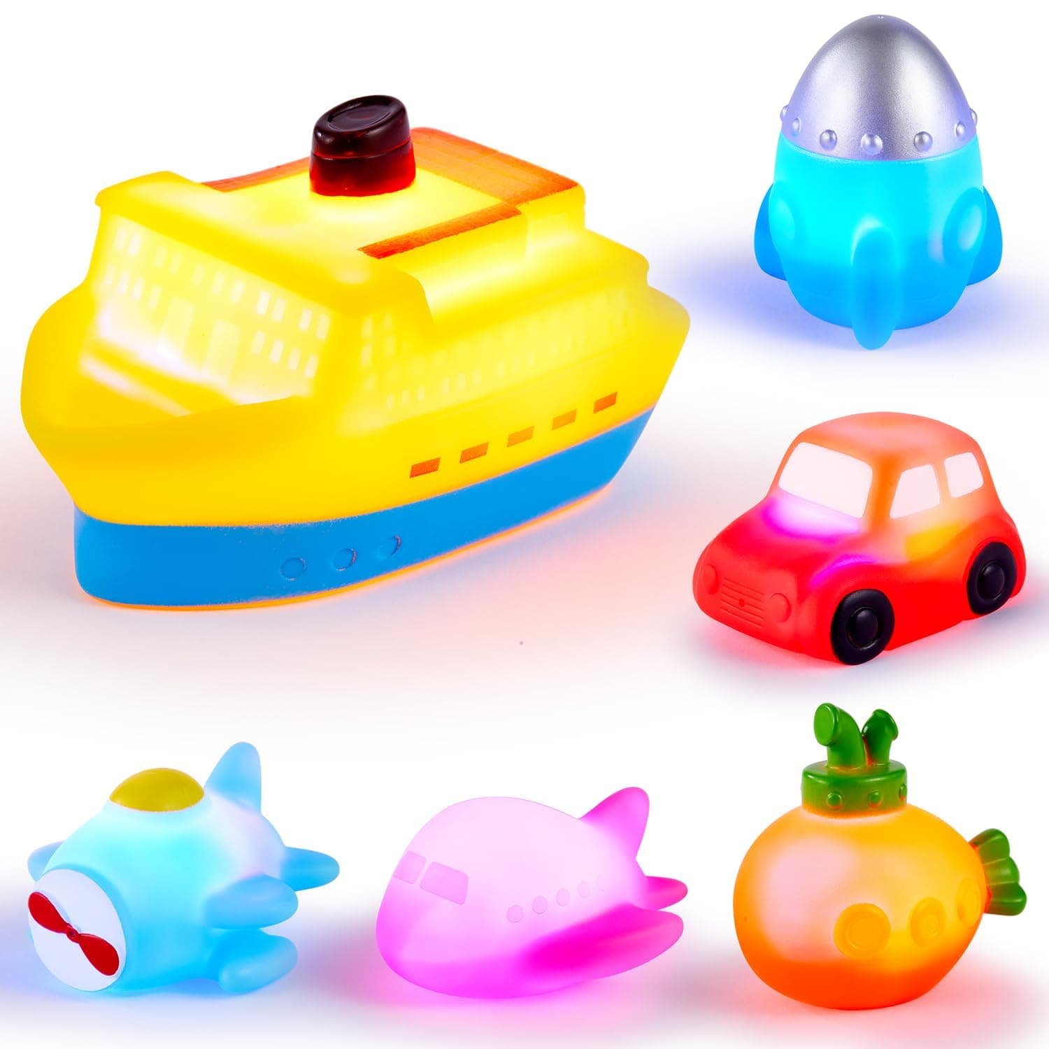 6 Packs No Hole Boat Bath Toy Set, Light up Changing Color in Water, Floating Rubber Bathtub Toys for Baby Toddler Infant Boy Girl Kid Play, Led Growing Pal in Shower Bathroom Tub or Swimming Pool