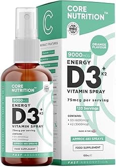 Core Vitamin D3 + K2 Spray | 2000iu (50mcg) Vitamin D3 + 25mcg Vitamin K2 (MK7) High Strength | 60ml for 120 Day Supply | 100% Vegan | Natural Orange Vitamin D Spray by Core Nutrition (Single Pack)