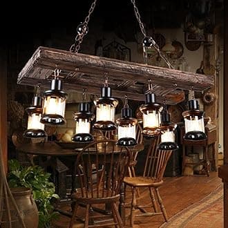 A Million Retro Farmhouse Wood Chandelier, 8-Light Industrial Chandelier Light Fixture with Seeded Glass Shades, 38" Rectangle Pendant Chandeliers for Dining Room, Kitchen Island
