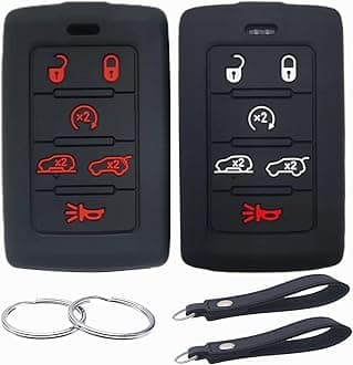 Silicone Rubber Key Fob Cover Compatible with 2021-2025 Jeep Grand Cherokee L Grand Wagoneer L Wagoneer Grand Cherokee L (Black with White Black with red, 6 Buttons)