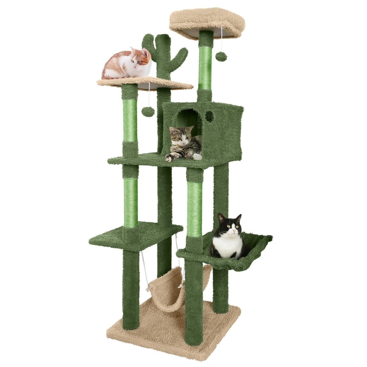- Cactus Cat Tree for Indoor Cats, Cute 70-Inch Cat Climbing Play Tower with Top Perch for Large Cats Kittens, Multi-Level Cat Activity Tree with Scratching Posts, Hammock, Cat Cave Condo