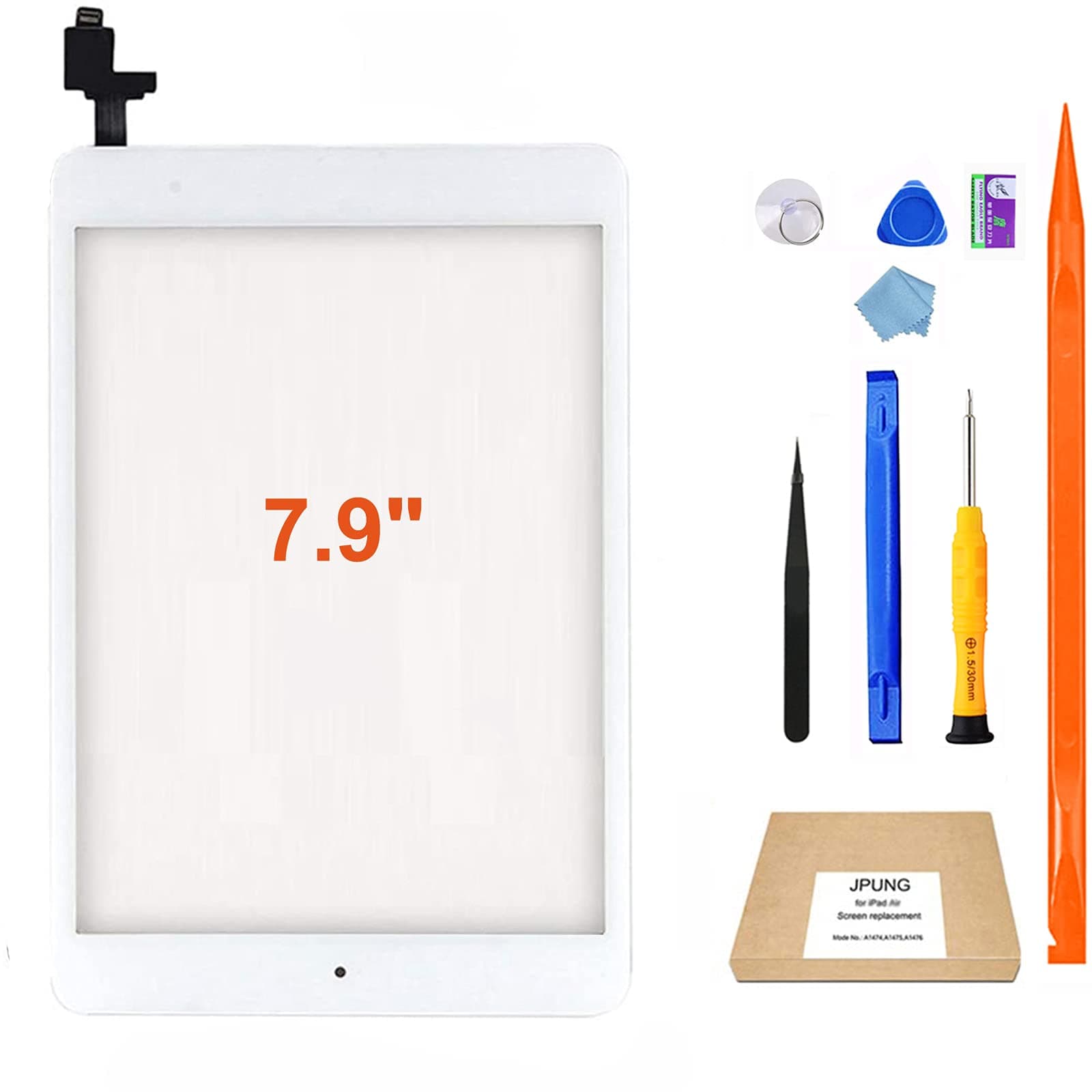 Screen Replacement for iPad Mini 1/iPad Mini 2 (White) A1432 A1454 A1455 A1489 A1490, with Home Button, Repair Tools Kit, Camera Holder, Pre-Installed Adhesive, Instructions [365 Days Warranty]