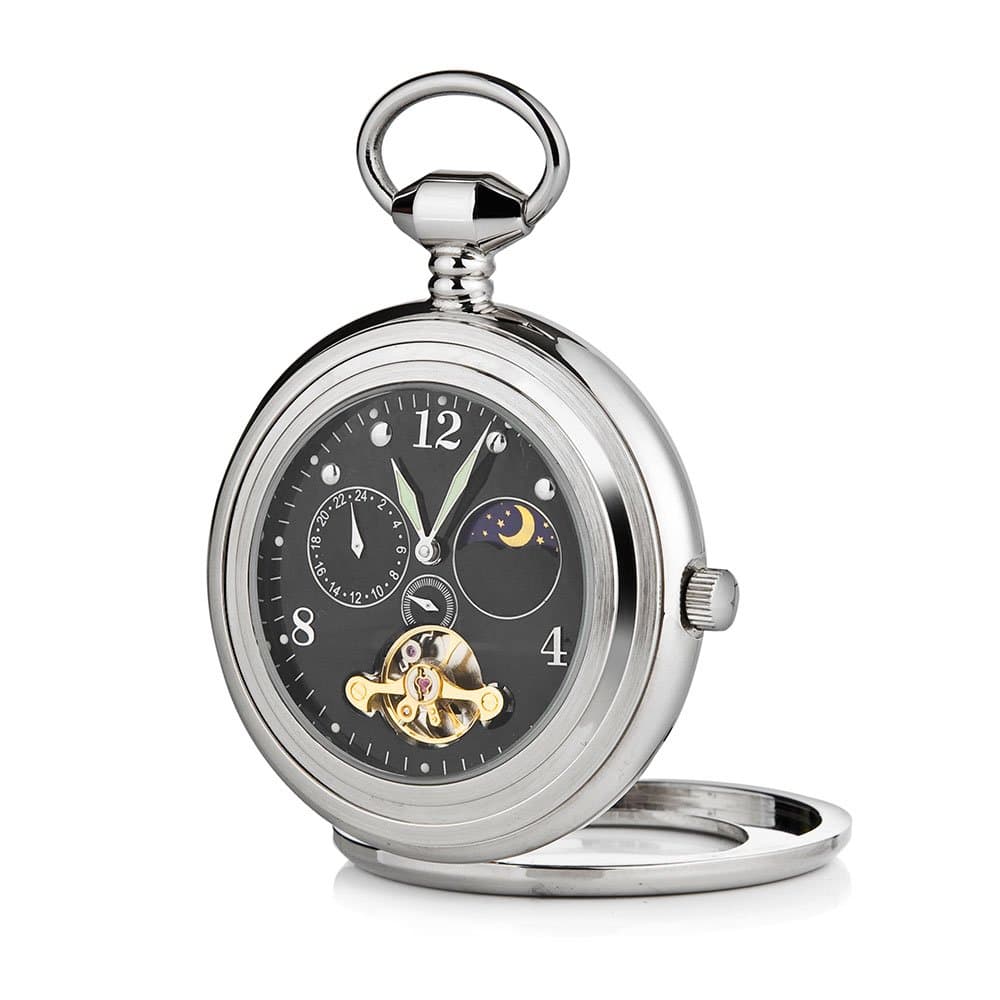 Time Pieces Black Open Face Pocket Watch with Sun and Moon Phase