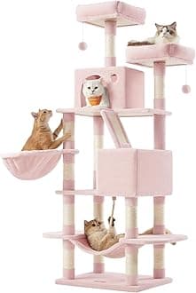 Feandrea Cat Tree, 168 cm Large Cat Tower Condo with 13 Scratching Posts, 1 Scratching Ramp, 2 Perches, 2 Caves, Basket, Hammock, Pompoms, Jelly Pink PCT165P01V1