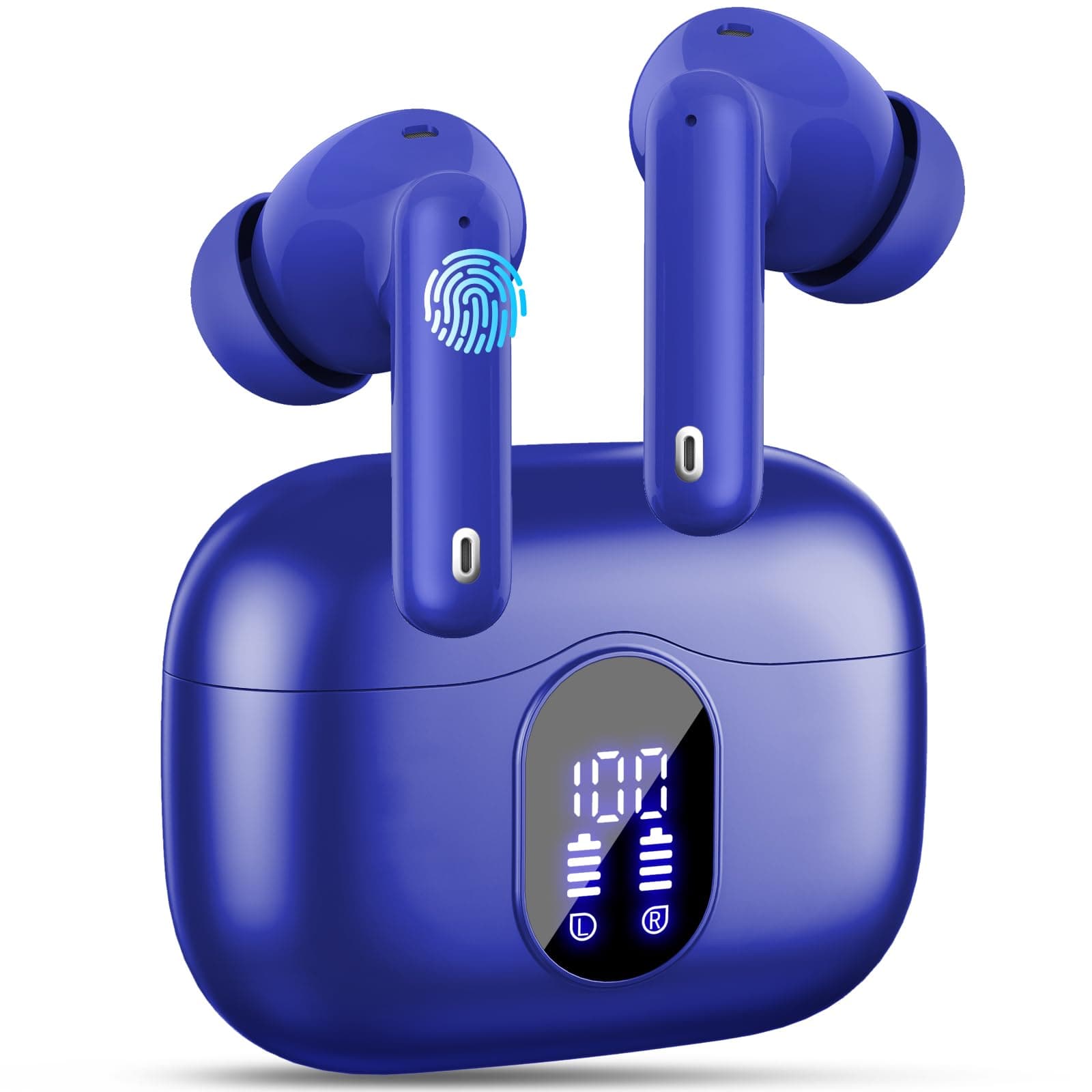 Wireless Earbuds, Bluetooth 5.3 Headphones In Ear with 4 ENC Noise Cancelling Mic, 2025 Bluetooth Earphones Mini HI-FI Stereo Sound, LED Display Wireless Headphones 36H Playtime IP7 Waterproof, Blue