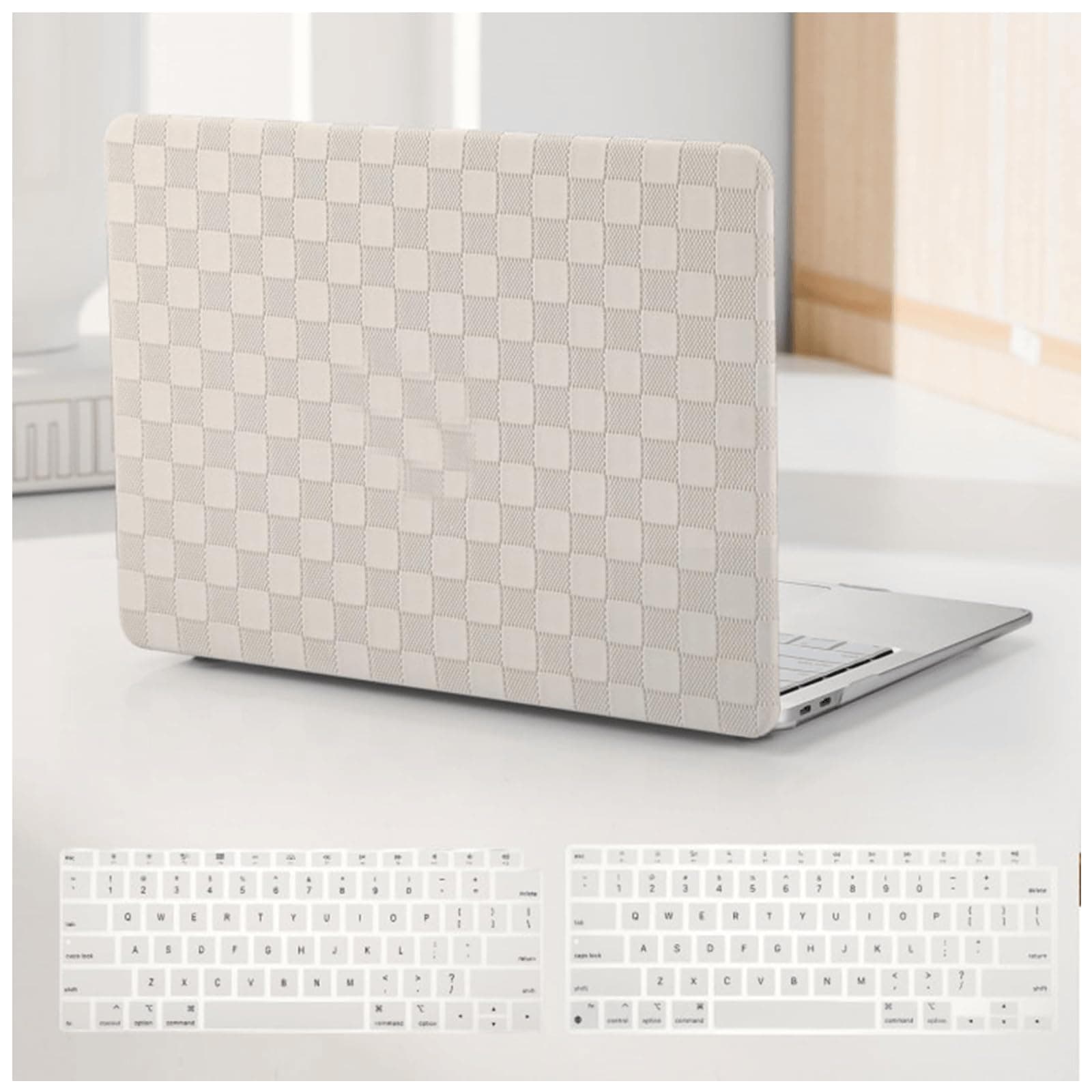 Compatible with MacBook Air 13 Inch 2022 2021-2018 M1 A2337 A2179 A1932, Checkered Textured Cream Leather Hard Shell Case No Logo Cutout & Keyboard Cover for Mac Air 13, Beige