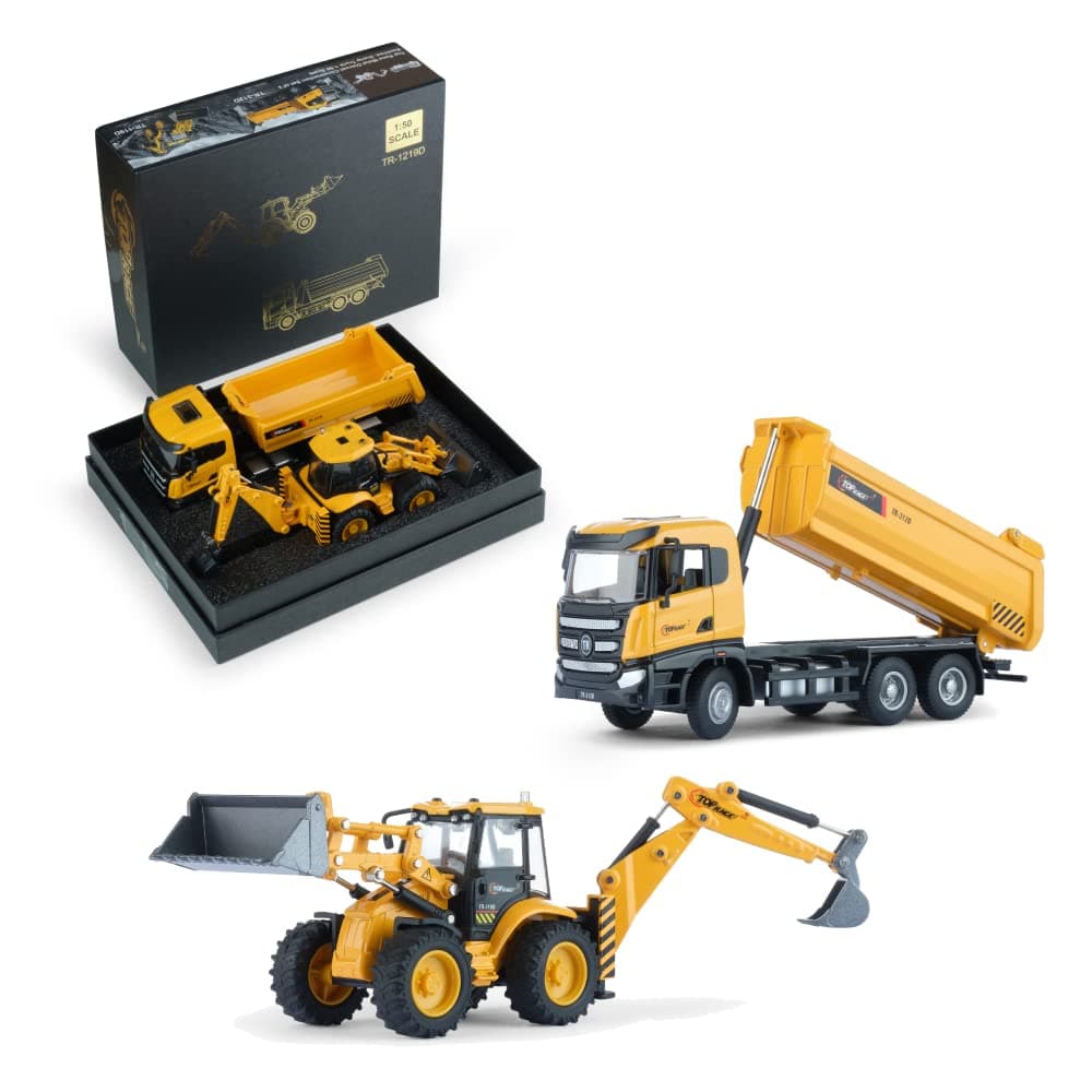 Top Race Metal Construction Diecast Dump Truck and Backhoe Loader Tractor Toy Set of 2 - Realistic Collectible Models for Display or Play, 1:50 Scale