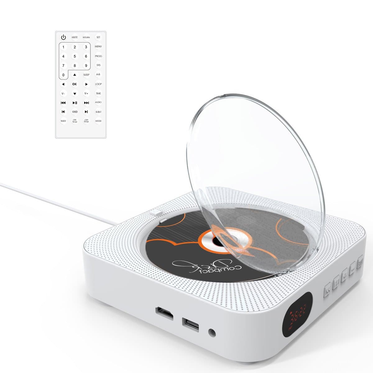 Portable DVD Player,NKW Wall Mountable Bluetooth CD/DVD Music Player with Full HD 1080p and Remote Control for Kids Students, Built-in HiFi Speaker, FM Radio/USB/HDMI/MP3/3.5mm RCA Output, White