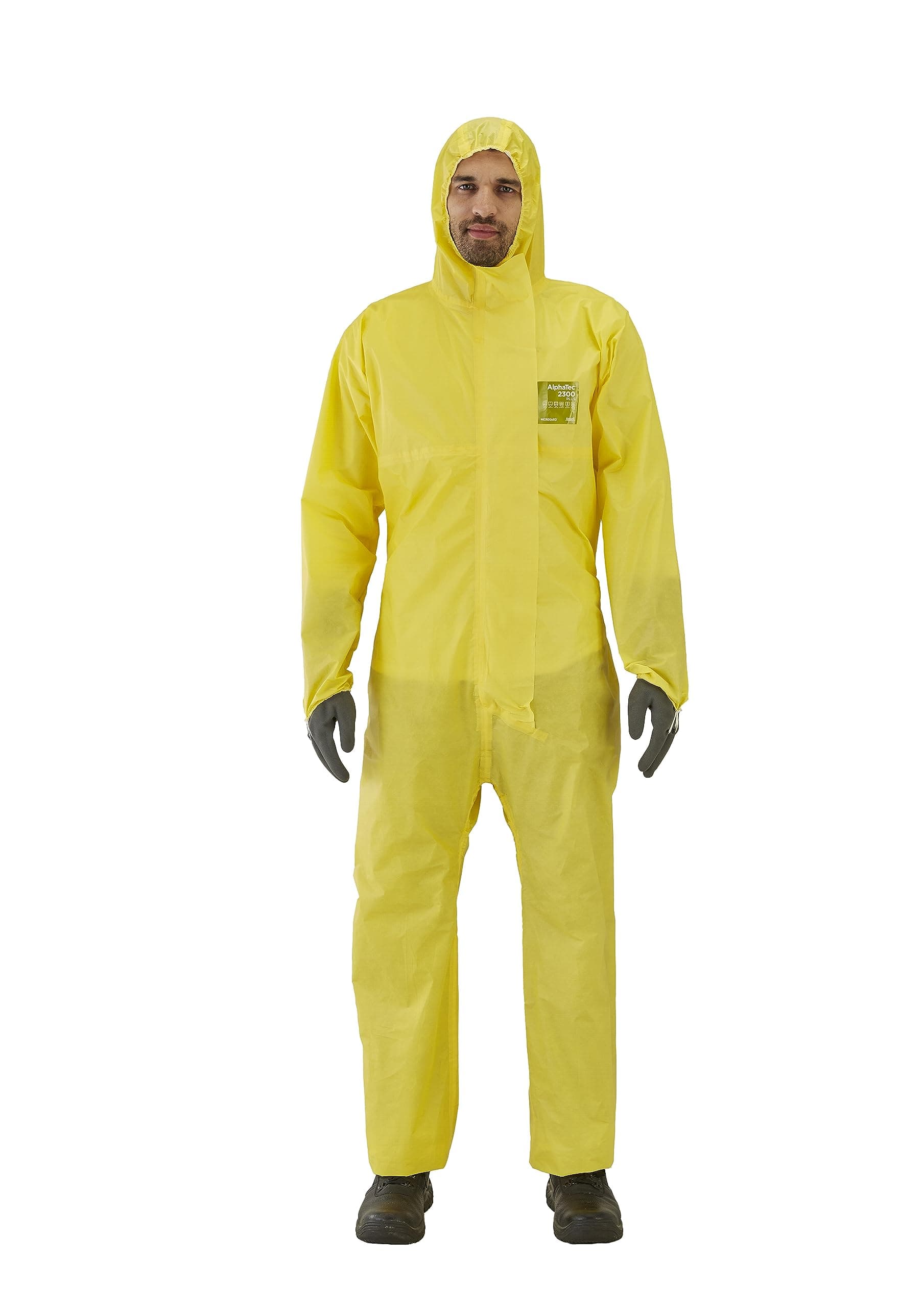 Ansell AlphaTec 2300 Model 132, Disposable Work Overall with Hood, Chemical Protection Type 3/4/5, Waterproof Coverall Suit, Industrial Safety Workwear, Men Women, Yellow