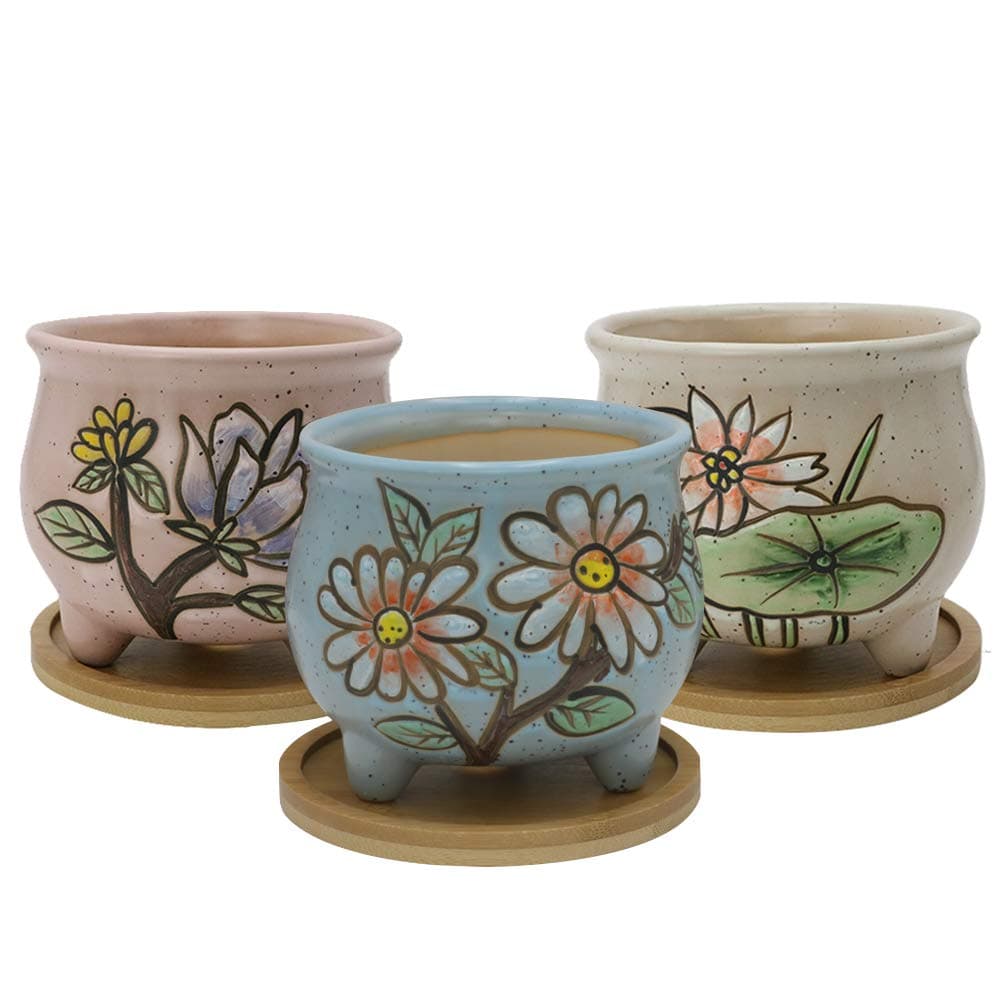 SQOWL 4.5 inch Hand-Painted Ceramic Succulent Planter Pot Modern Desk Cactus herb Flower planters with Bamboo Tray Indoor or Outdoor Set of 3