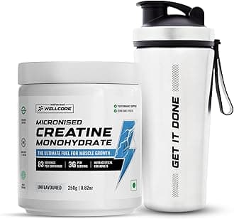 Pure Micronised Creatine Powder With Shaker (83 Servings, Unflavoured) For Enhanced Muscle Strength With Rapid Absorption | Creatine Monohydrate | Wellcore Creatine Flavoured - 250g