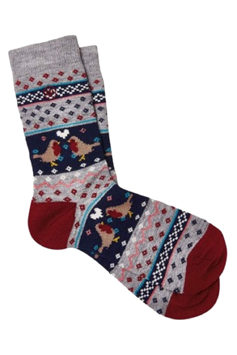FatFace Women's Fair Isle Robins Boot Socks Grey Robin