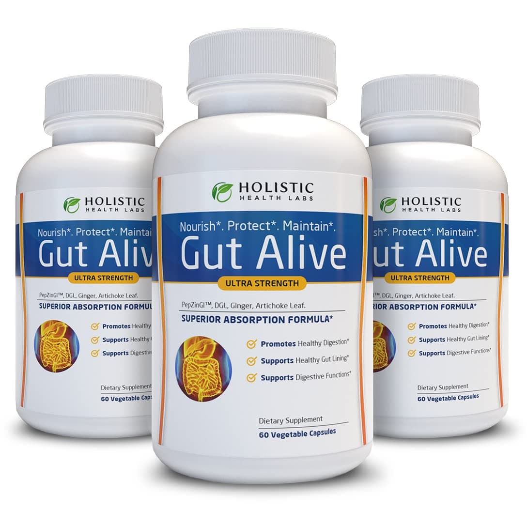 Gut Alive For Restoring Gut Lining - All Natural Support to Fight Leaky Gut, IBS, Heartburn, Acid Indigestion, Acid Reflux, Bloating & Gas. Unique Formulation (60 Count (Pack of 3))