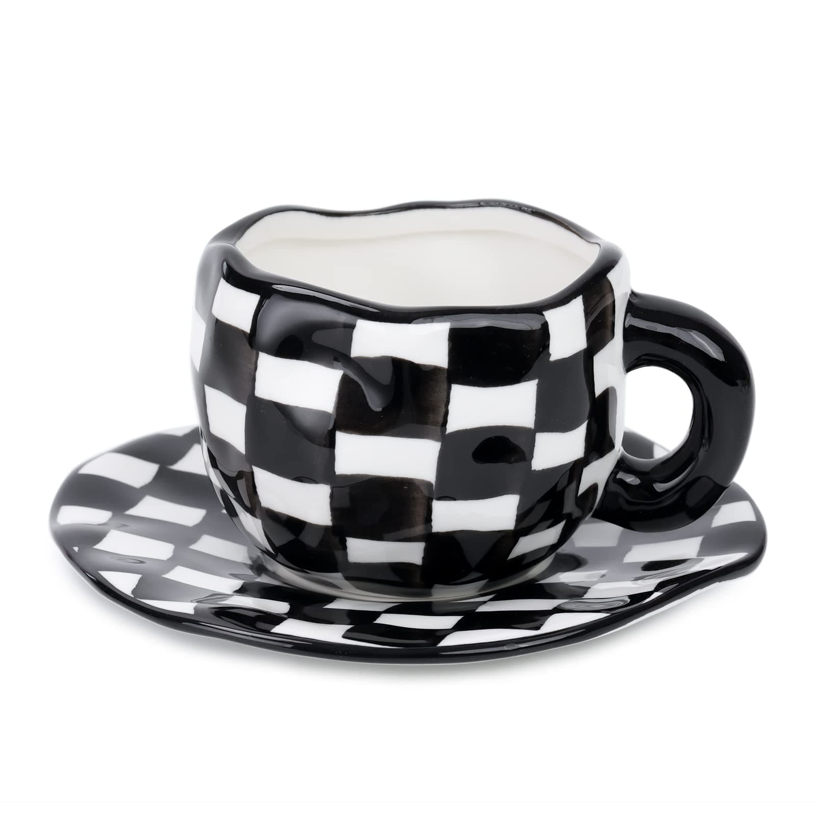 Noviko Checkered Mug Ceramic Checker Tea Cup and Saucer Set 10 oz