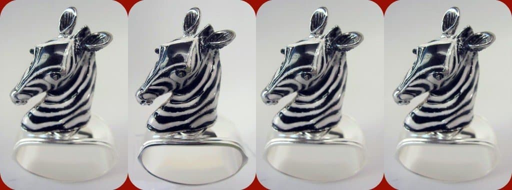 Set 4 Zebra Jungle Enamel Signed Silverplate Napkin Rings Gift Box