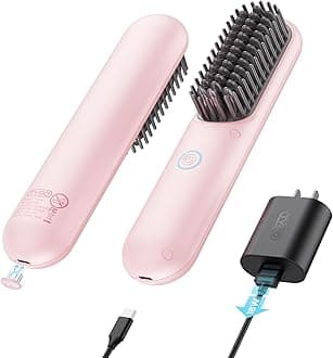 TYMO Porta Cordless Hair Straightener Brush, Portable Mini Straightening Brush for Travel, Negative Ion Hot Comb Hair Straightener for Women, Lightweight to Carry Out, USB Rechargeable, Blush