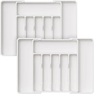 Lifewit Silverware Drawer Organizer, Expandable Utensil Tray for Kitchen, BPA Free Flatware and Cutlery Holder, Adjustable Plastic Storage for Spoons Forks Knives, 2 Pack, White
