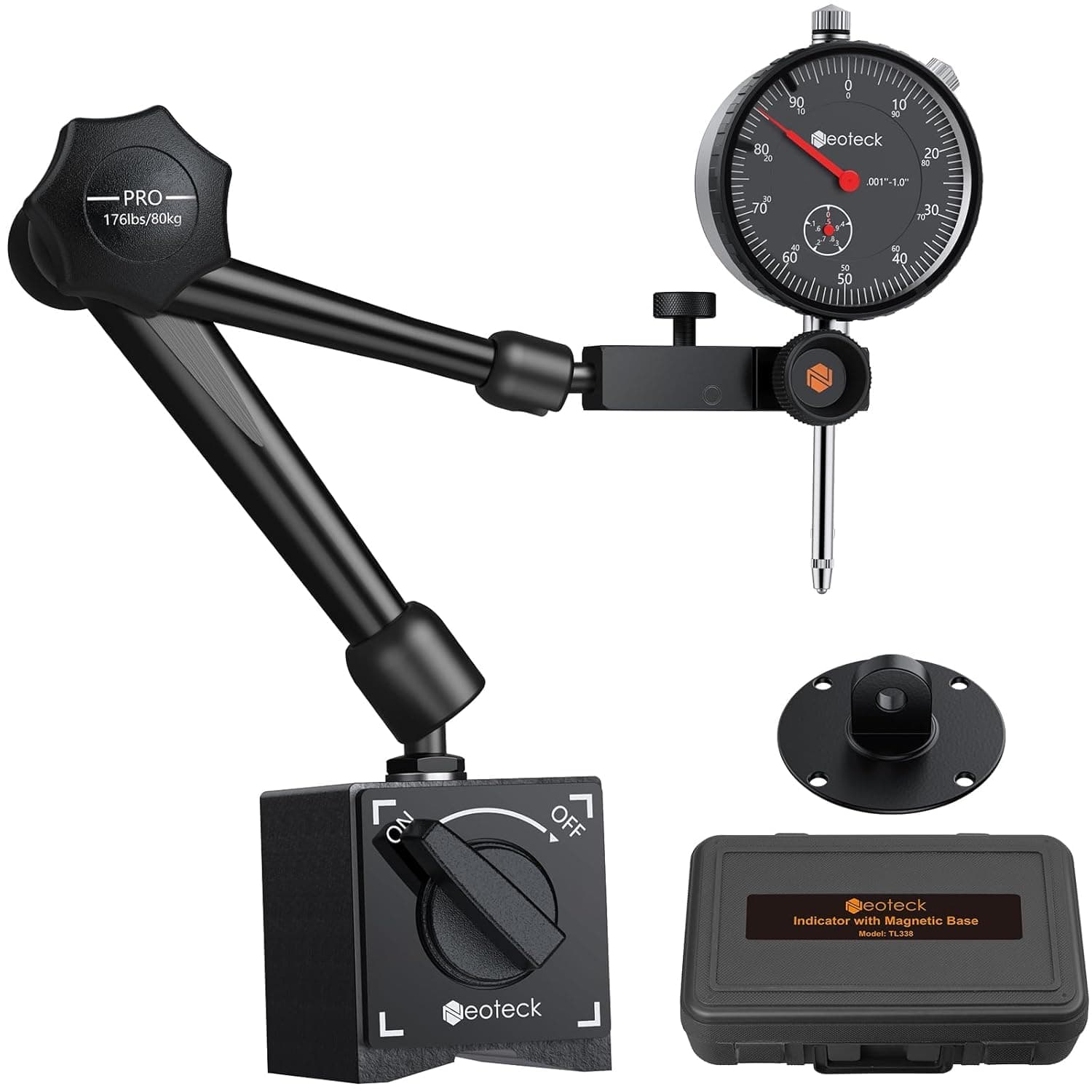 Neoteck 0-1"/0.001" Dial Indicator and Magnetic Base Set with Storage Case, Measuring Tool Dial Gauge and Magnetic Holder for 3D Printer Lathe Workshop CNC Machine Table Saw- 176lbs (80kg) Max Pull