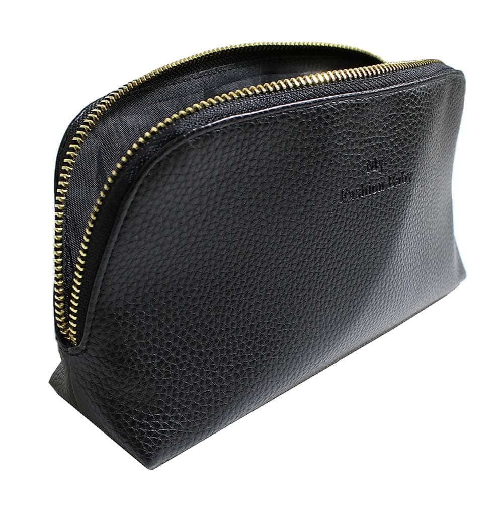 Leather Makeup Bag,Medium Litchi Pattern Cosmetic Bag Pouch Purse Handbag Organizer with Zipper,Toiletry/Travel Bag for Brushes Jewelry Accessories Collection for Women(Black)