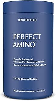 BodyHealthPerfectAmino (300 Tablets) 8 Essential Amino Acids Supplements with BCAA, Increase Muscle Recovery, Boost Energy & Stamina, 99% Utilization, Vegan Branched Chain Protein Pre/Post Workout