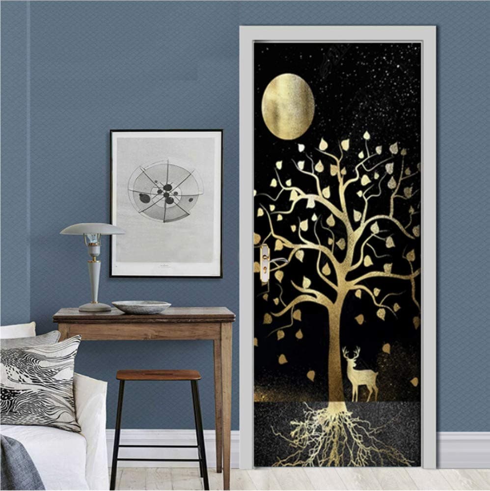 Door Sticker Abstract Fortune Tree Elk PVC Waterproof Self-Adhesive Wallpaper Living Room Door Decor Decals Mural 77X200Cm