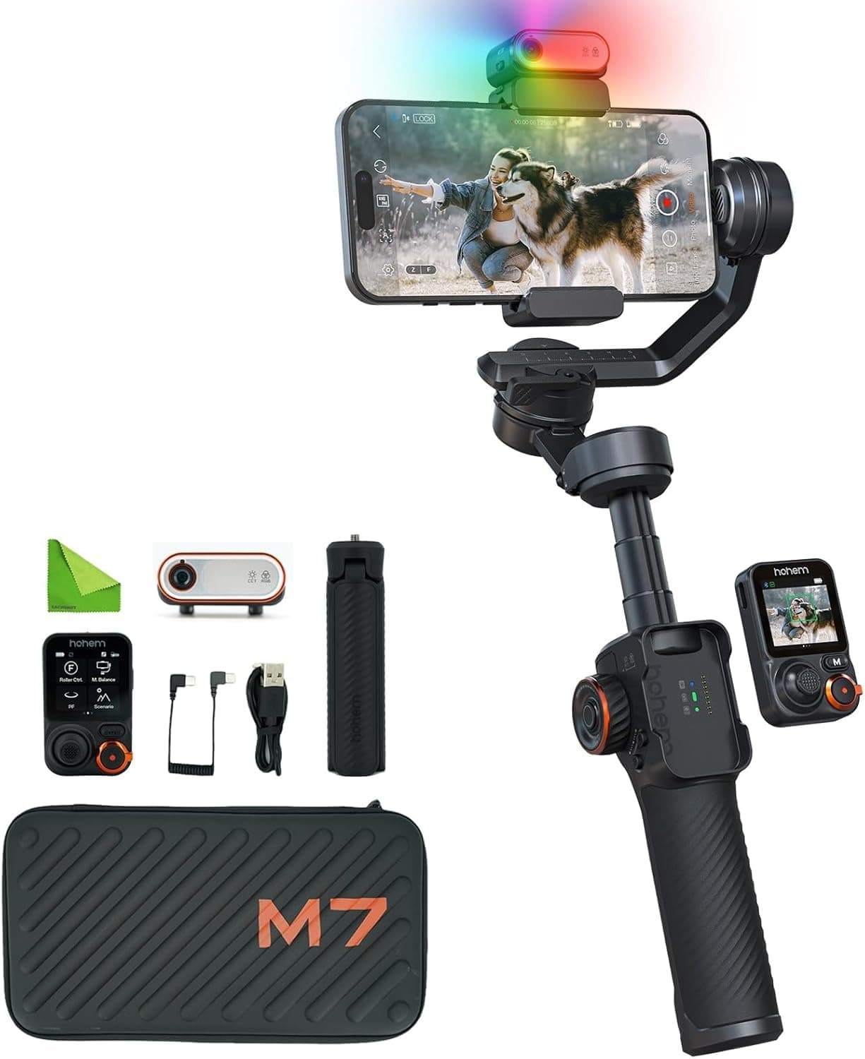 hohem Isteady M7 3 Axis Gimbal Stabilizer for iPhone and Smartphone W/AI Tracking,Detachable Touchscreen Remote,Extension Pole,Magnetic Fill Light for Video Recording, Black