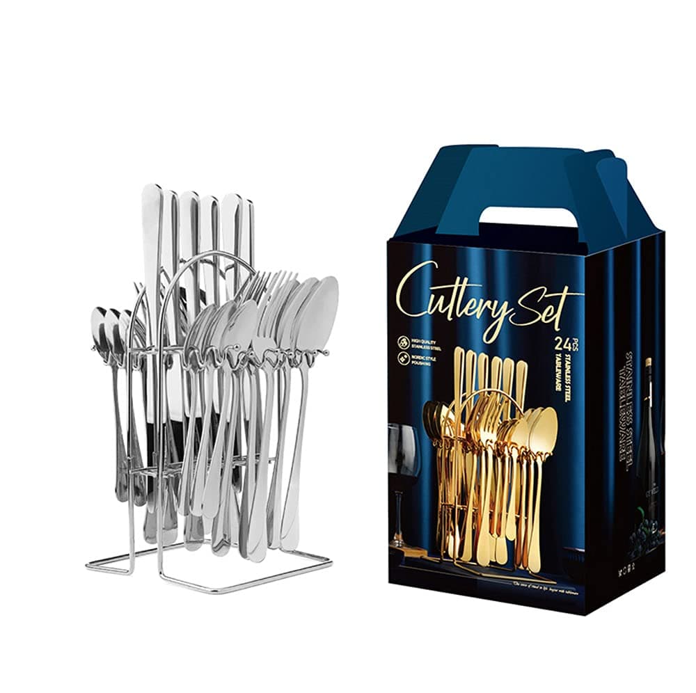 24 Piece Silverware Flatware Set With Stand,Stainless Steel Utensils Service set for 6,Mirror Polished Cutlery Set,Dishwasher Safe Knife Fork Spoon Tableware set (Silver, Set B)