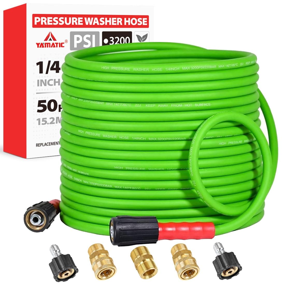 YAMATIC Super Flexible Pressure Washer Hose 50FT for Power Washer Replacement, Kink Resistant Extension With Leak-Free M22 Female & 3/8" Quick Connect Adapters, 1/4" 3200 PSI, Green