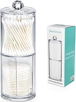 SheeChung Qtip Holder Dispenser Set - Apothecary Jars Bathroom Clear Plastic Acrylic for Cotton Balls, Swabs, Rounds, Makeup Pads Storage Canister