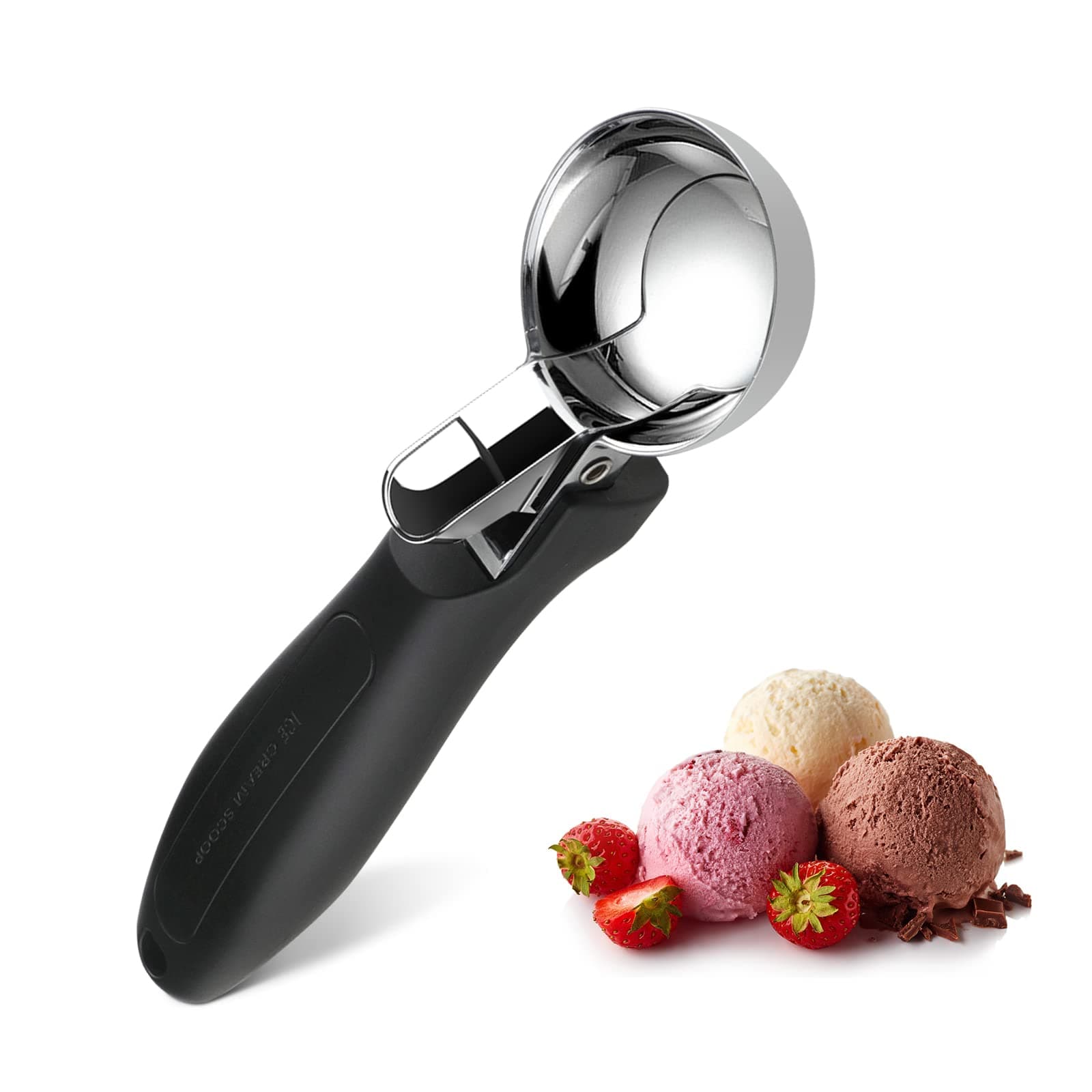 Ice Cream Scoop, Large Cookie Scoop with Ergonomic Soft Grip Handle, Heavy Duty Multifunctional Baking Scooper for Sundaes, Cupcake, Dough, Protein Balls and Meatballs, Black