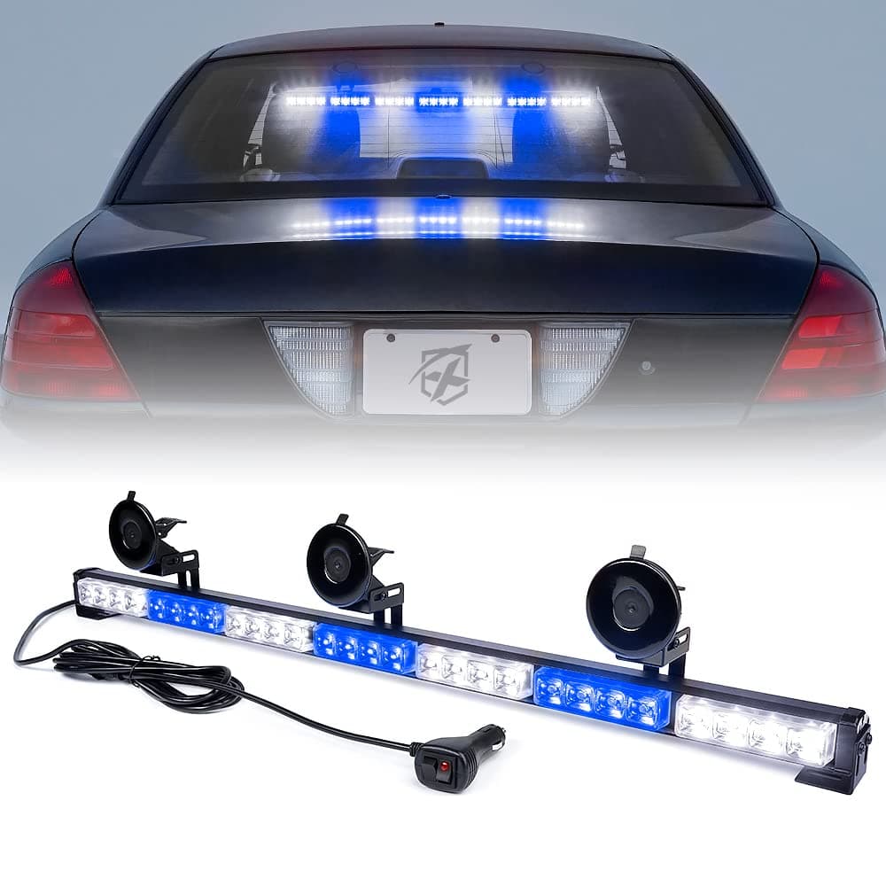 Xprite 31.5 Inch LED Traffic Advisor Strobe Light Bar, 21 Flashing Patterns w/Suction Cup Mount, Windshield Deck Emergency Police Lightbars for POV Volunteer Vehicles Pickup Trucks SUV UTV White Blue