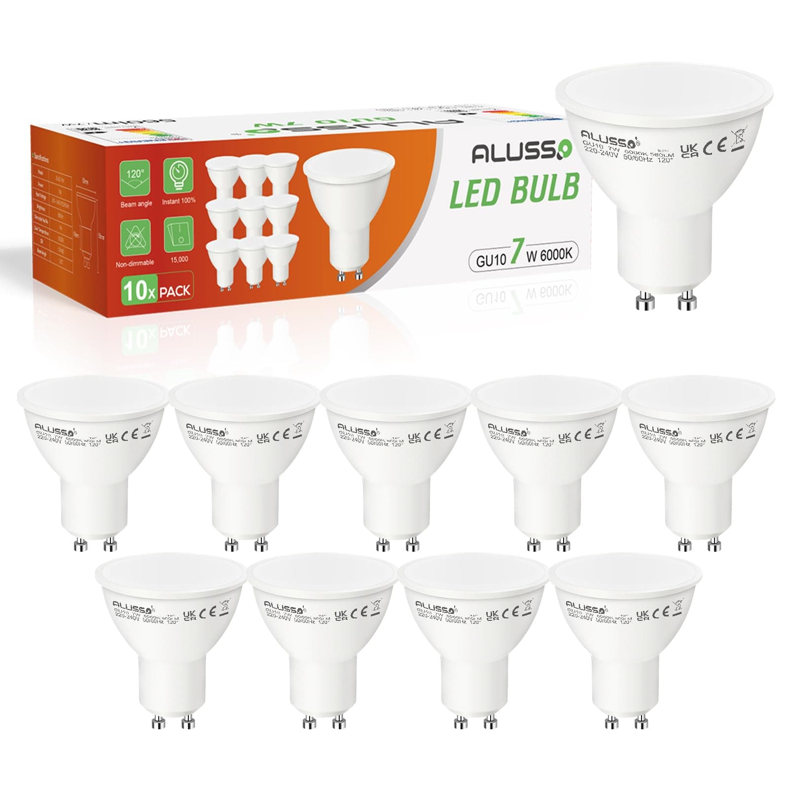ALUSSO LIGHTING GU10 LED Bulbs, 6000K Cool White, 7W 560lm, 120° Wide Beam Angle, 70W Halogen Spotlight Bulb Equivalent, Energy Saving GU10 LED Light Bulbs, Non Dimmable Spot, Pack of 10